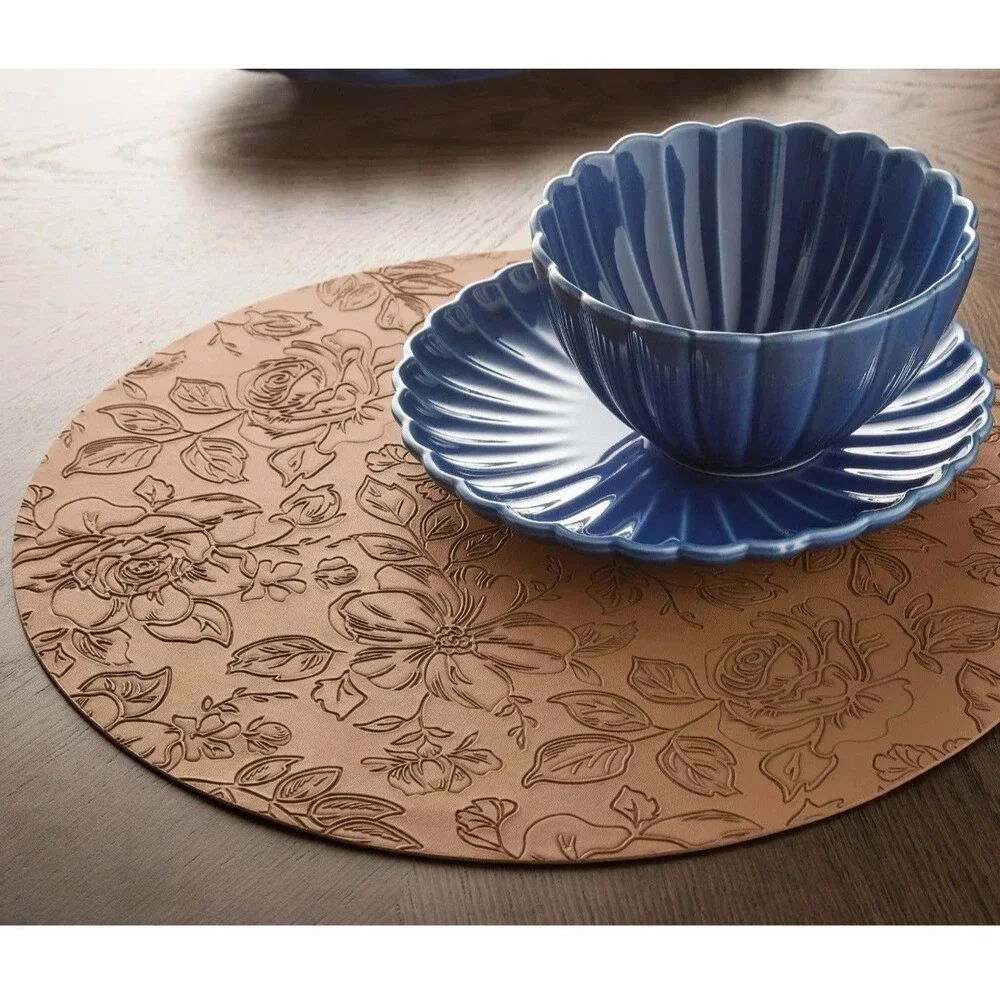 Pioneer Woman Faux Leather Placemat Embossed Floral Brown 15-in Round 2-pc Gift